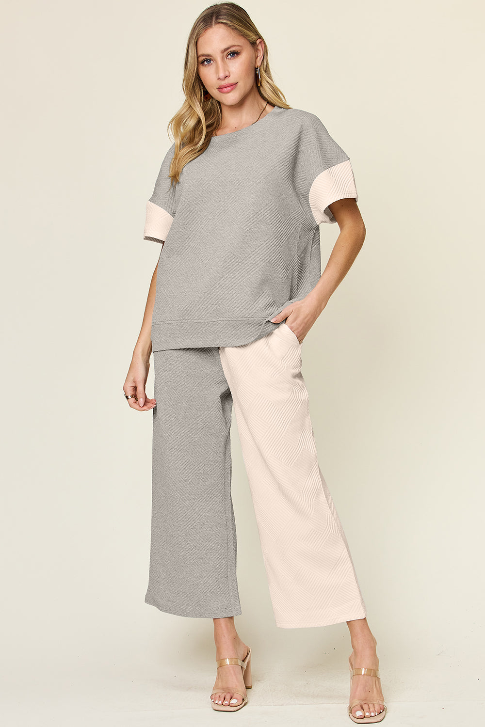 Double take full size texture contrast t-shirt and wide leg pants set - light gray / s