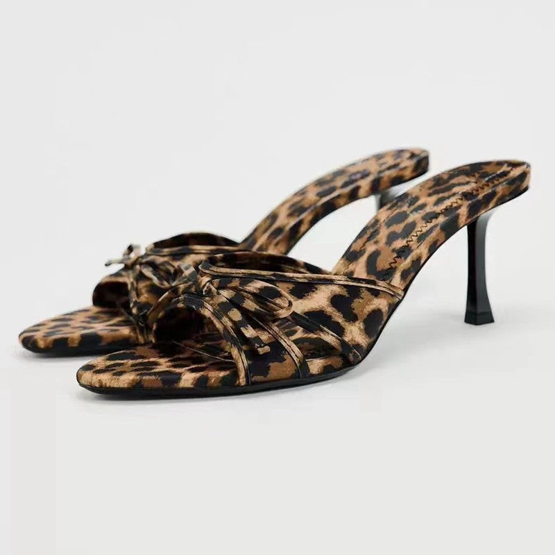 Bow leopard kitten heel sandals - 35(us4)