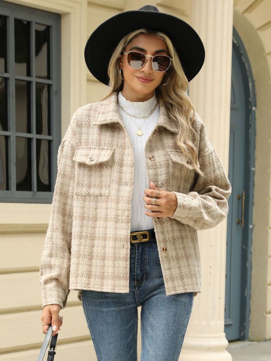 Plaid collared neck long sleeve jacket