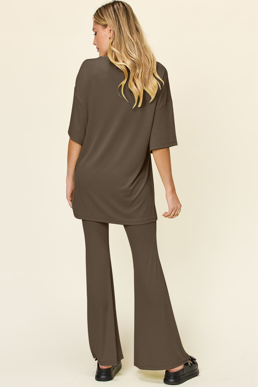 Double take full size round neck drop shoulder t-shirt and flare pants set