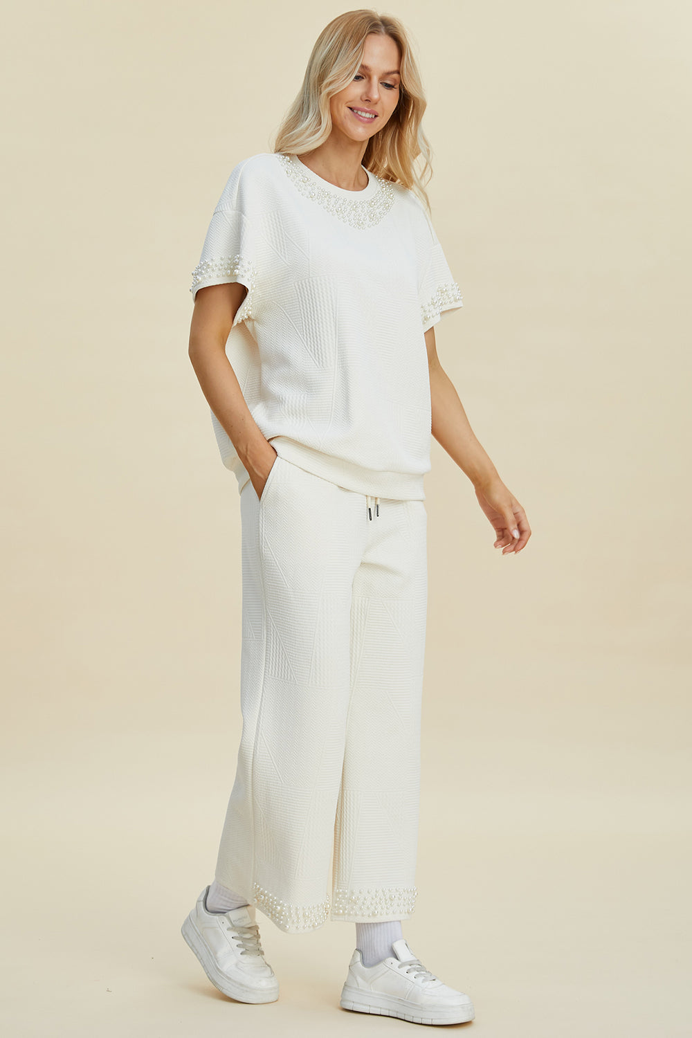 Double take full size pearl detail round neck top and pants set