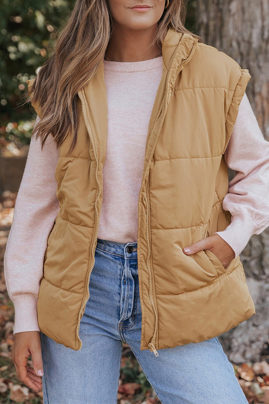 Pocketed zip up vest coat - tan / s