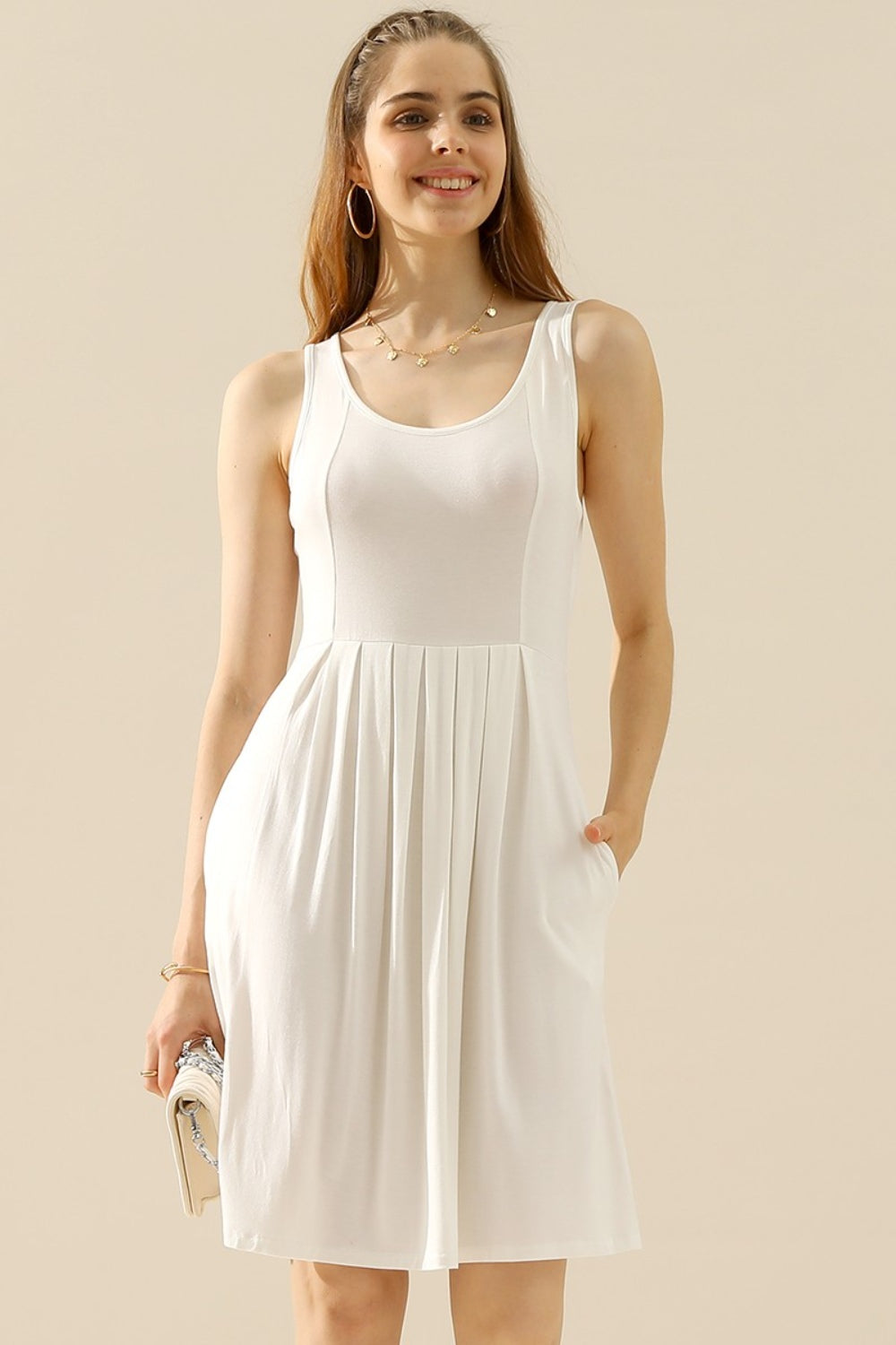 Doublju full size round neck ruched sleeveless dress with pockets - white / s