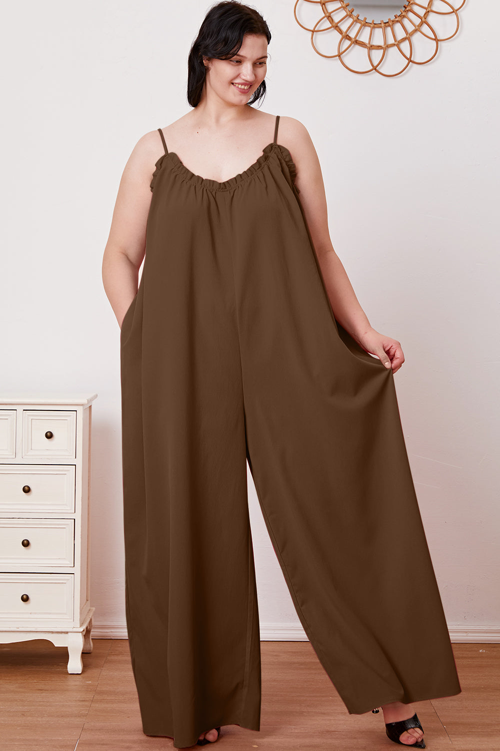 Double take full size ruffle trim tie back cami jumpsuit with pockets