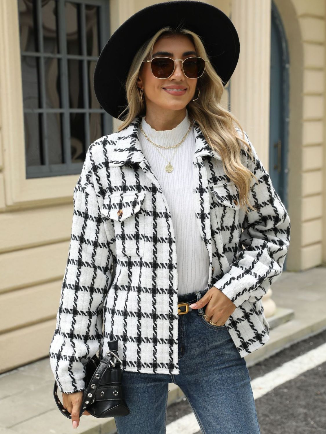 Plaid collared neck long sleeve jacket - white / s