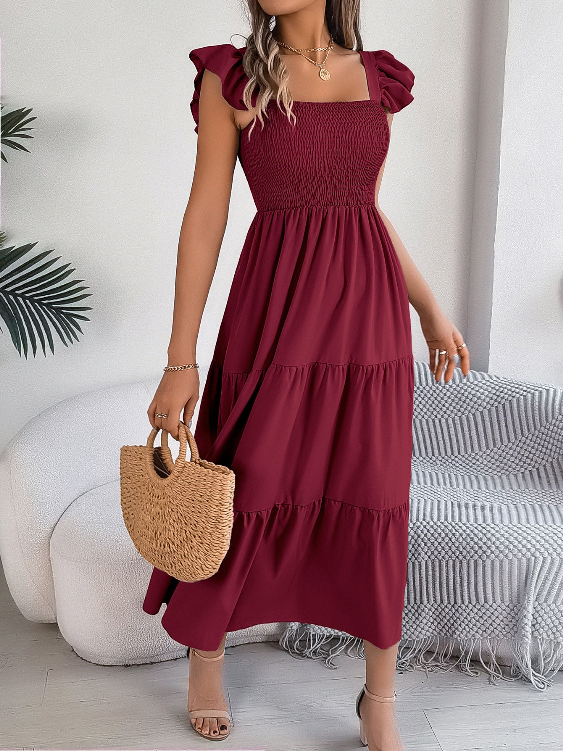 Smocked square neck cap sleeve midi dress