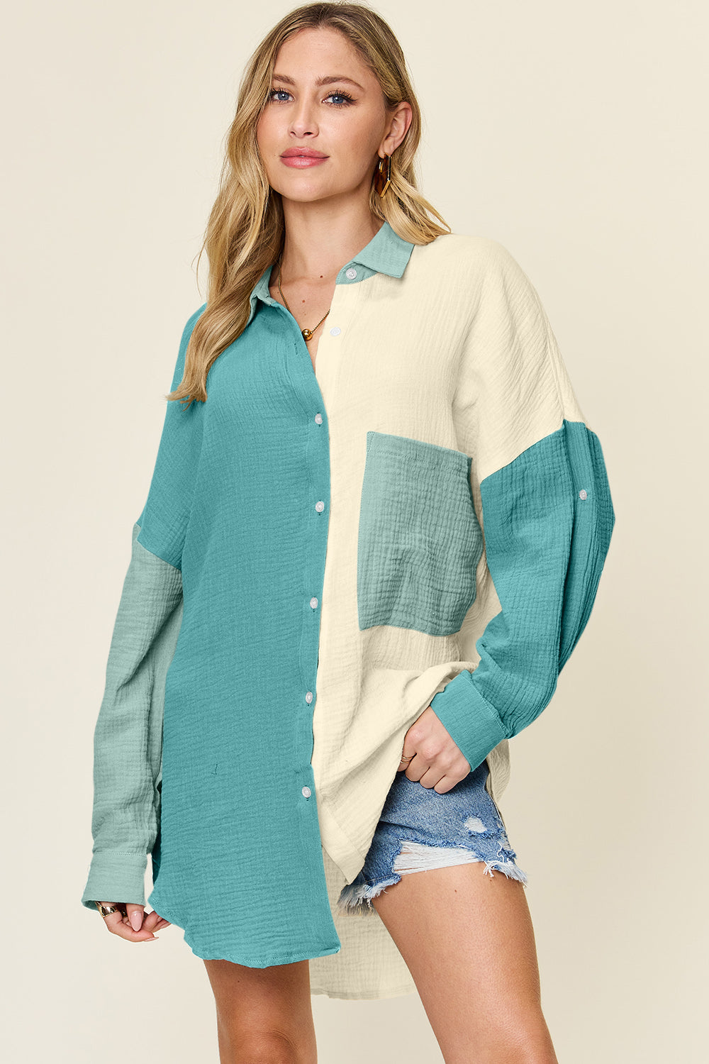 Double take full size pocketed texture button up shirt - teal / s