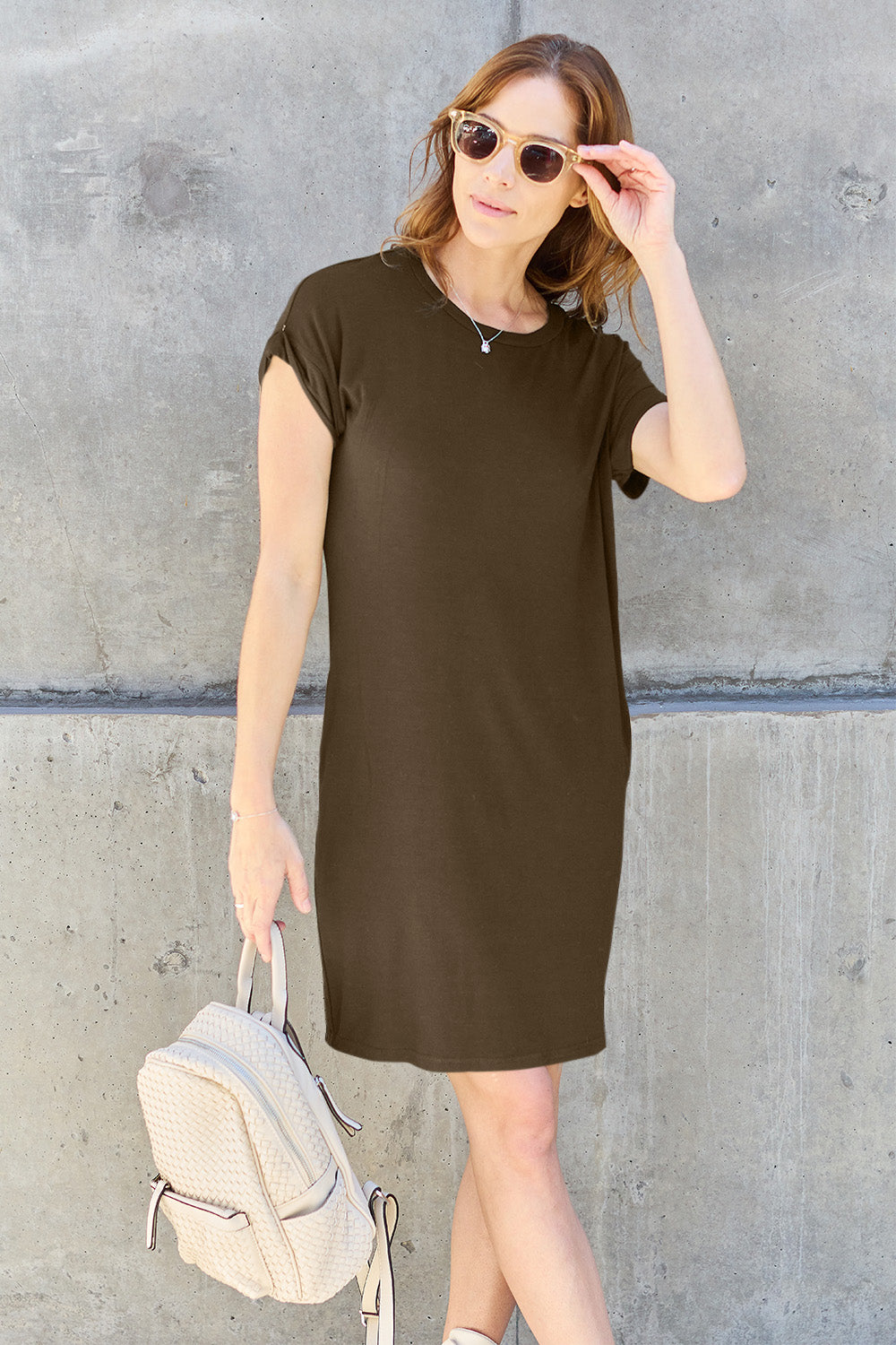 Basic bae full size round neck short sleeve dress with pockets - mocha / s