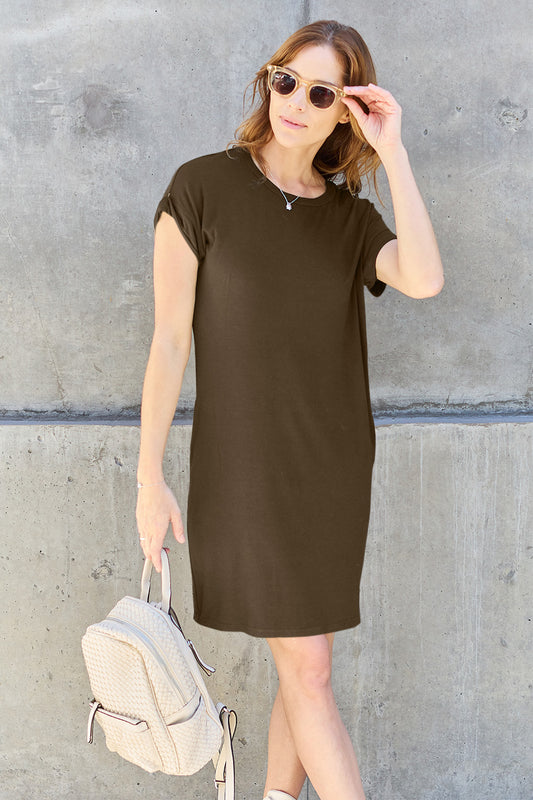 Basic bae full size round neck short sleeve dress with pockets - mocha / s