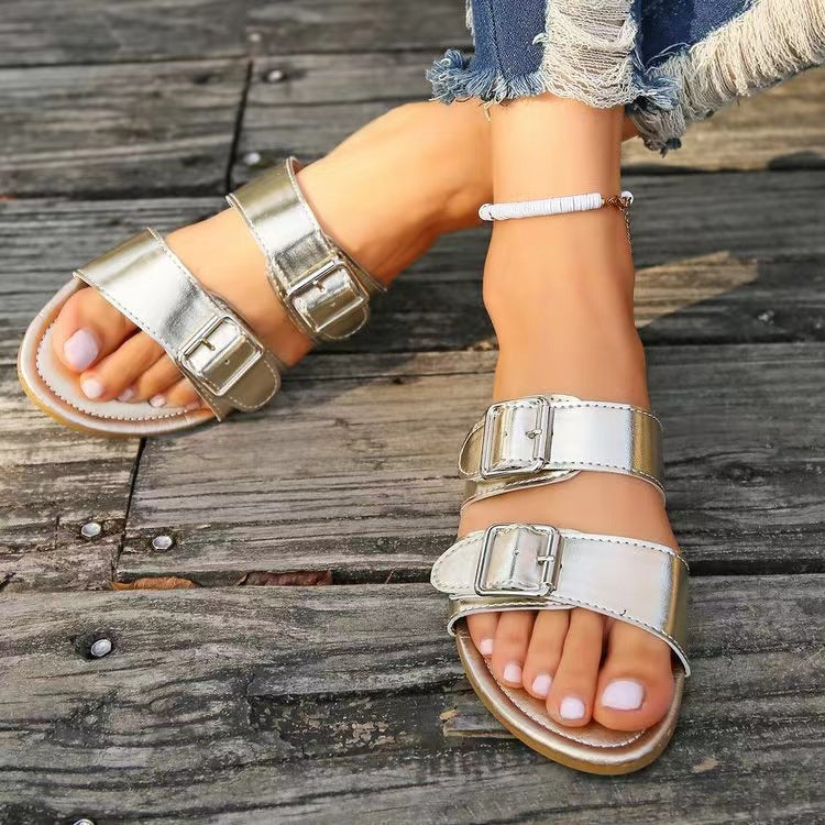 Open toe double buckle sandals