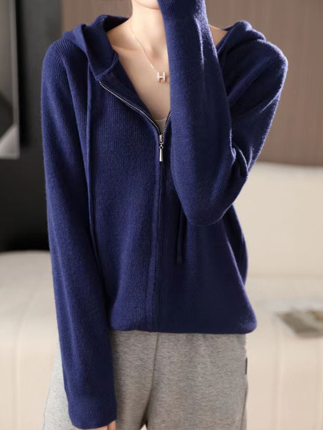 Drawstring zip up long sleeve hooded sweater - dark blue / one size