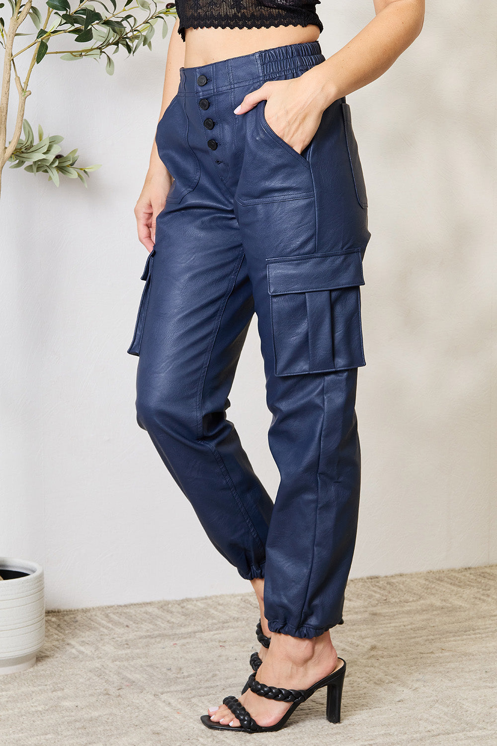 Kancan high waist faux leather cargo joggers