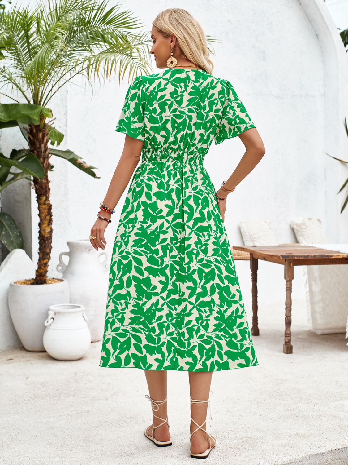 Printed surplice short sleeve midi dress