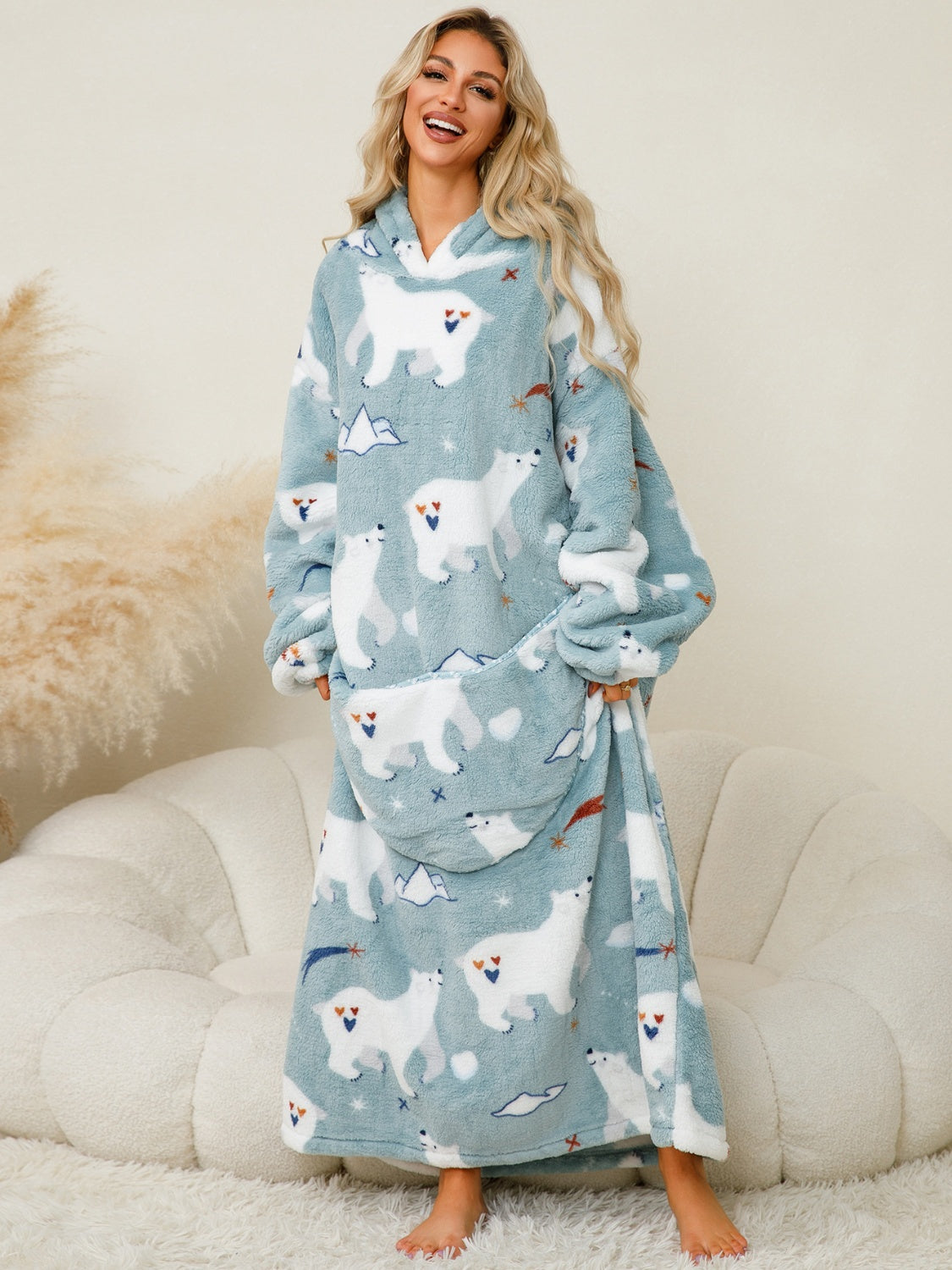 Fuzzy pocketed long sleeve hooded lounge dress