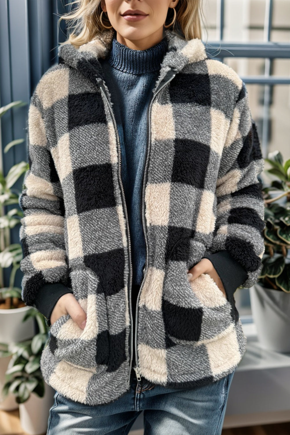 Double take full size plaid long sleeve hooded coat - camel / s