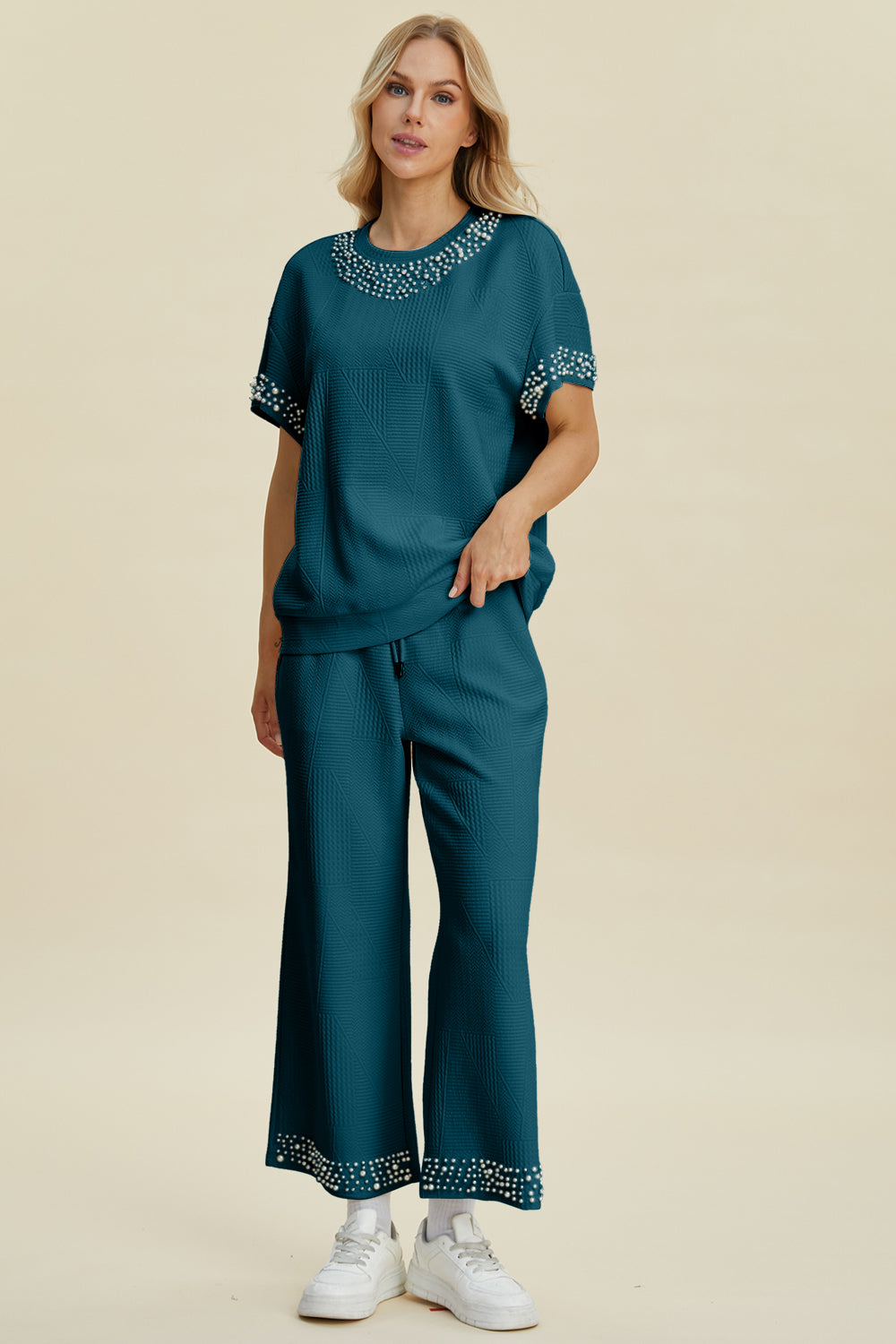 Double take full size pearl detail round neck top and pants set - deep teal / s