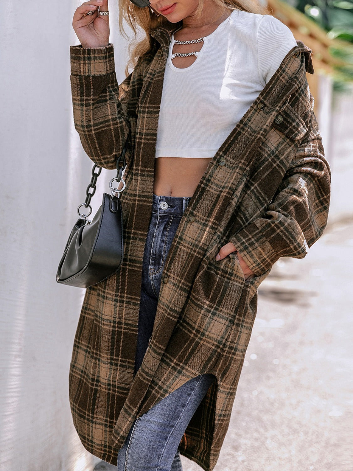 Plaid button up long sleeve shacket