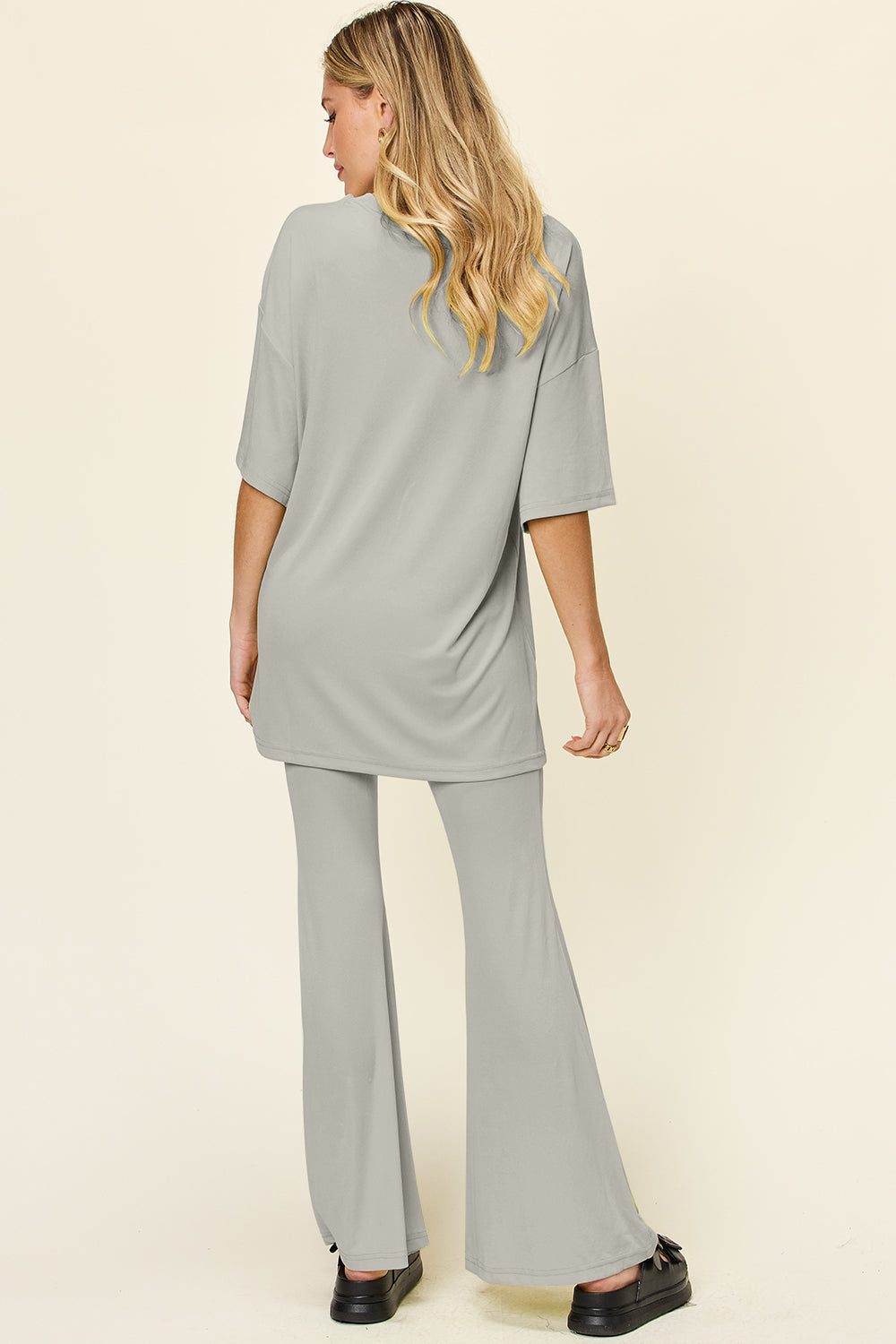 Double take full size round neck drop shoulder t-shirt and flare pants set