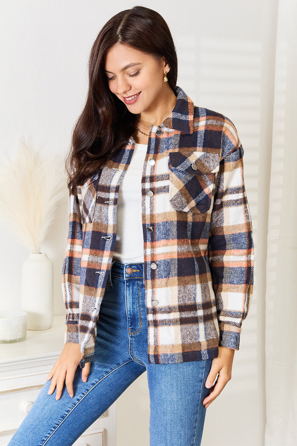 Double take plaid button front shirt jacket with breast pockets