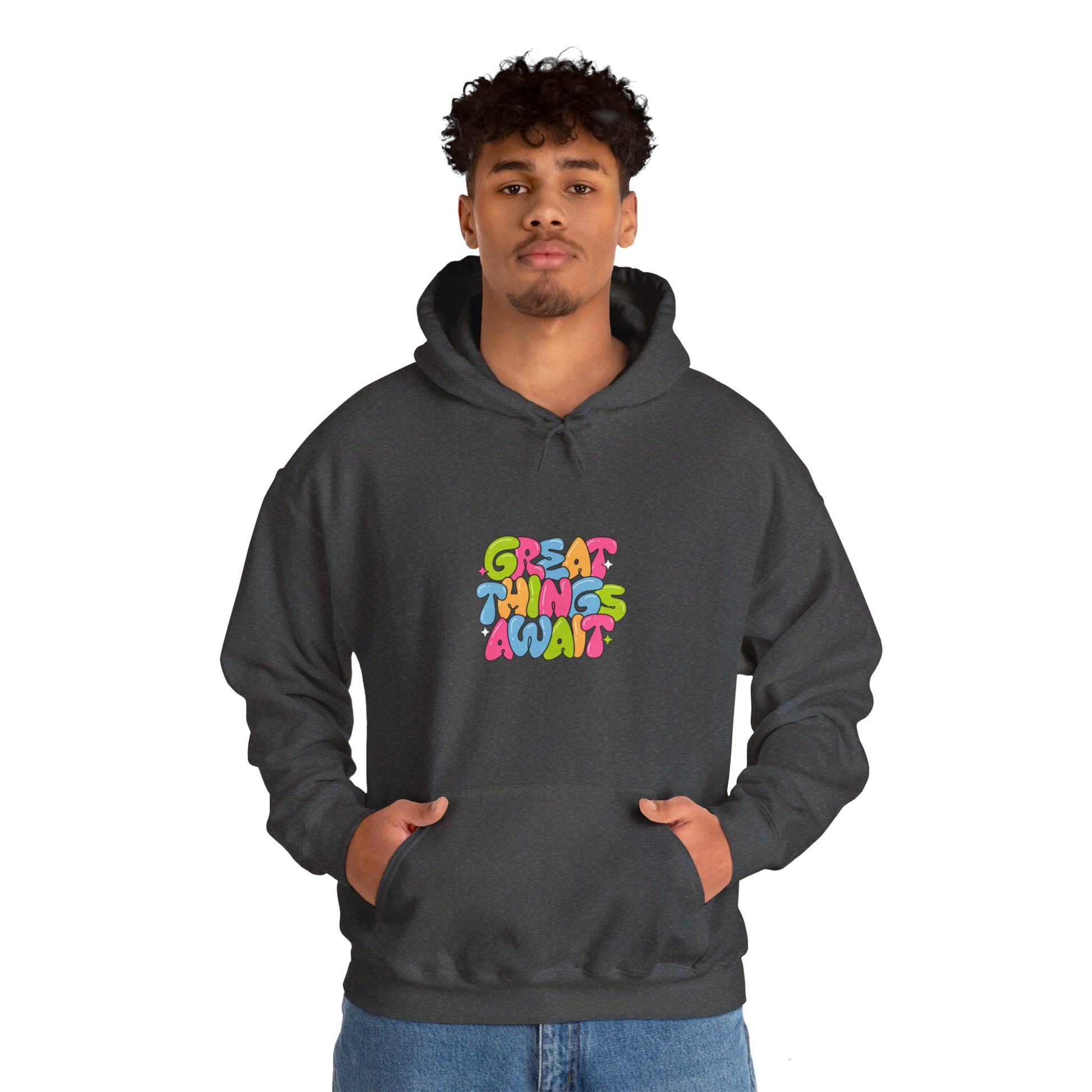 Kay chimba great things await unisex heavy blend™ hooded sweatshirt - dark heather / s - hoodie