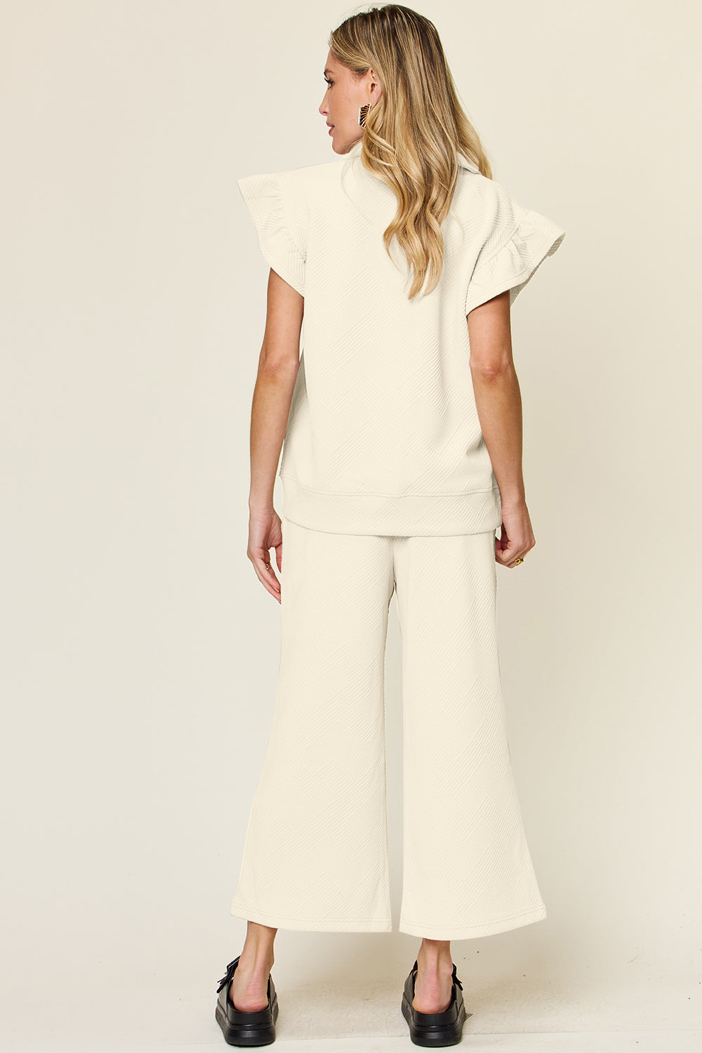 Double take texture ruffle short sleeve top and drawstring wide leg pants set