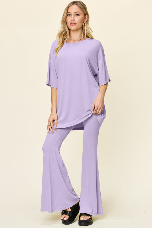 Double take full size round neck drop shoulder t-shirt and flare pants set - lavender / s