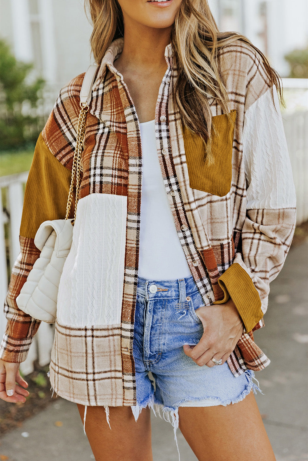 Double take plaid color block dropped shoulder shacket