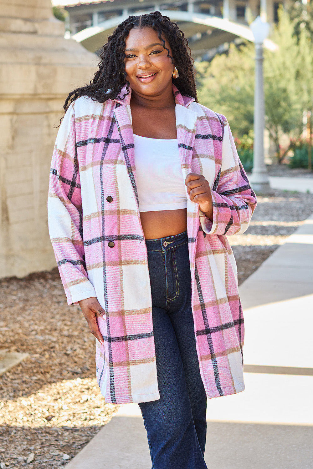 Double take full size plaid button up lapel collar coat