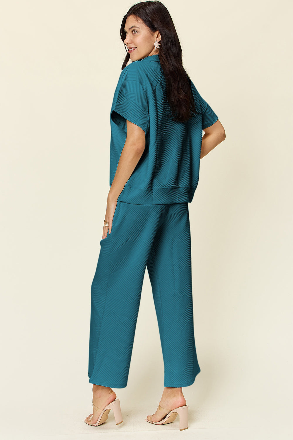 Double take full size texture half zip short sleeve top and pants set