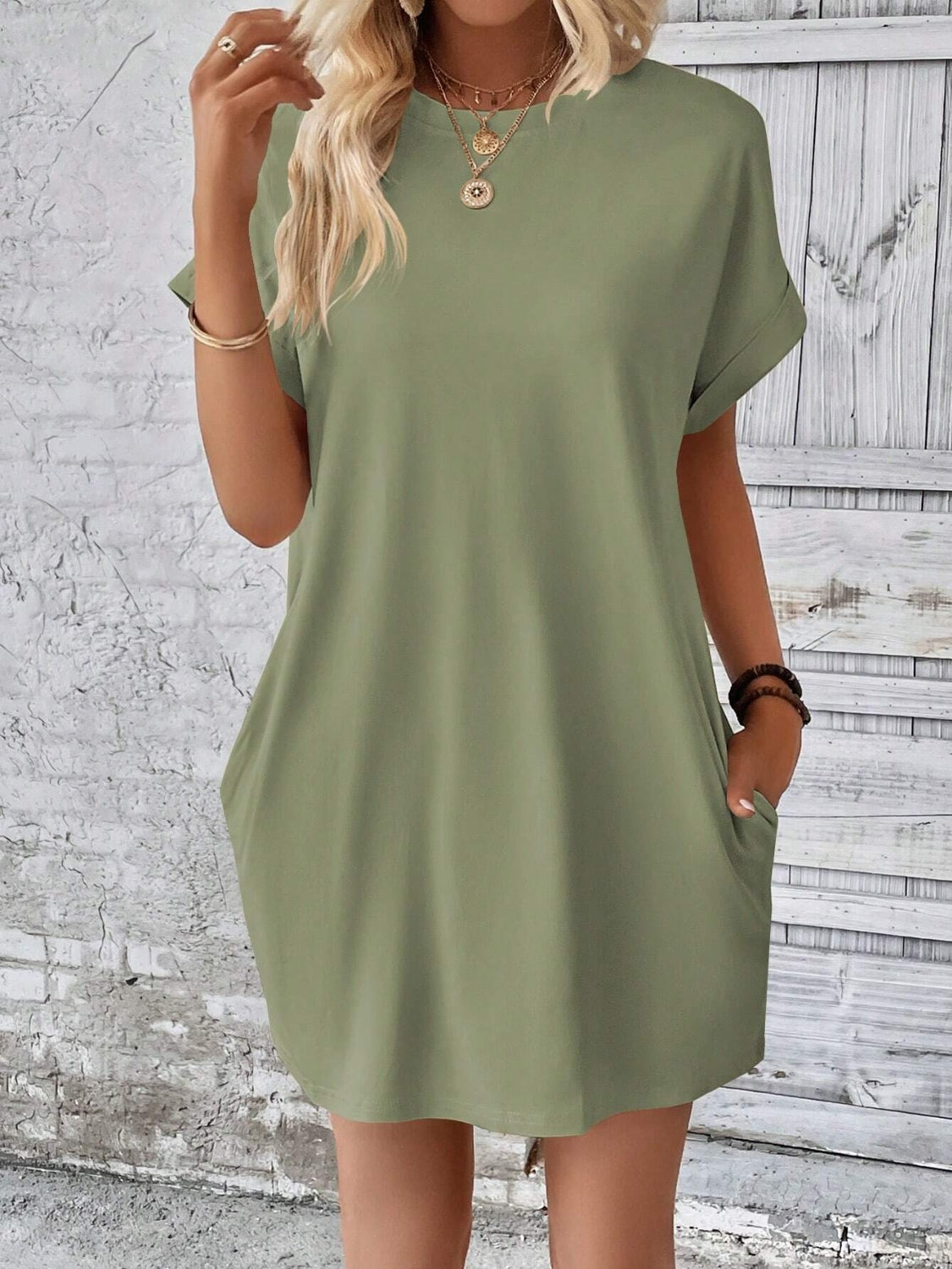 Round neck short sleeve mini dress - sage / s