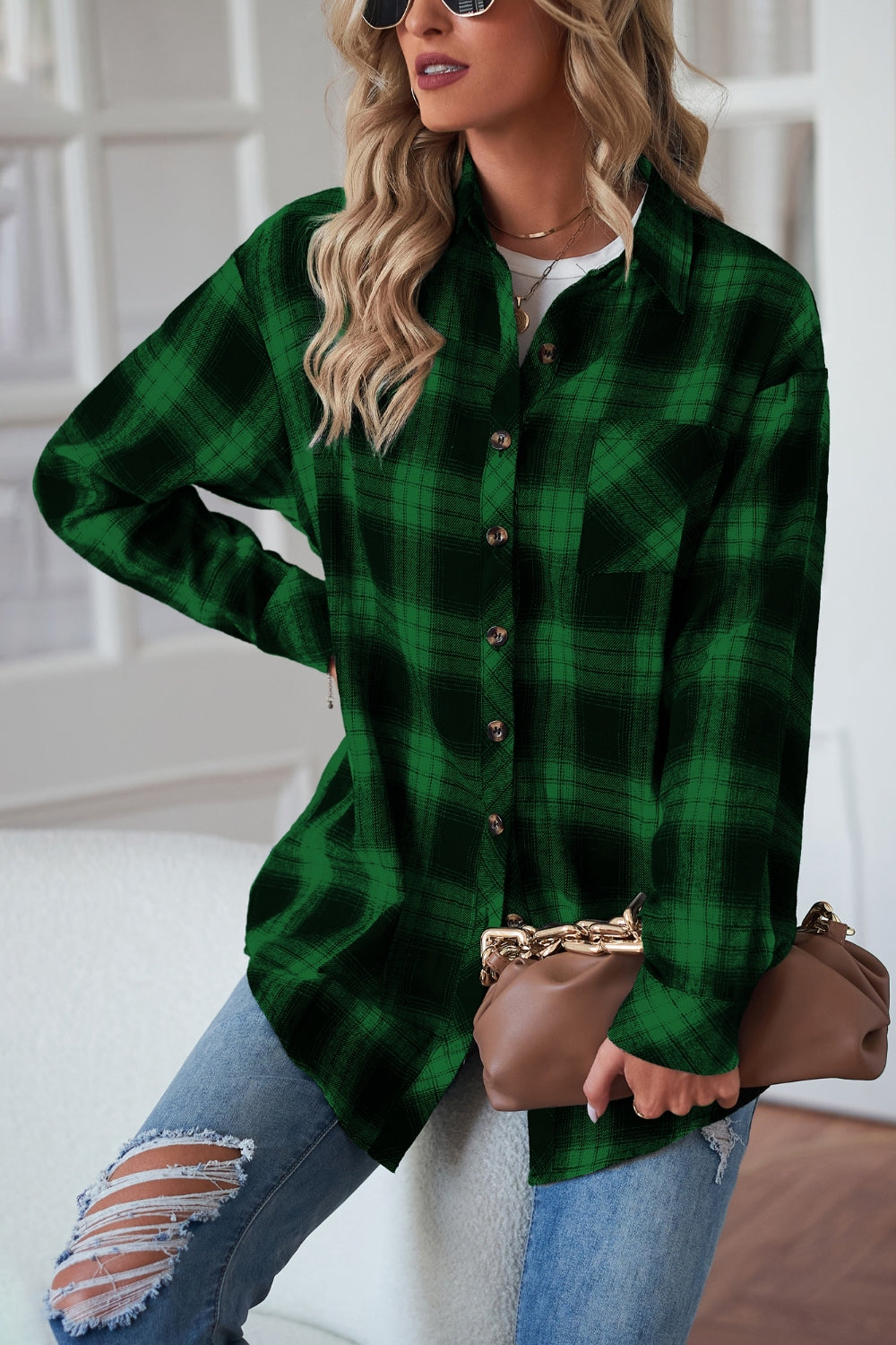 Plaid button up dropped shoulder outerwear