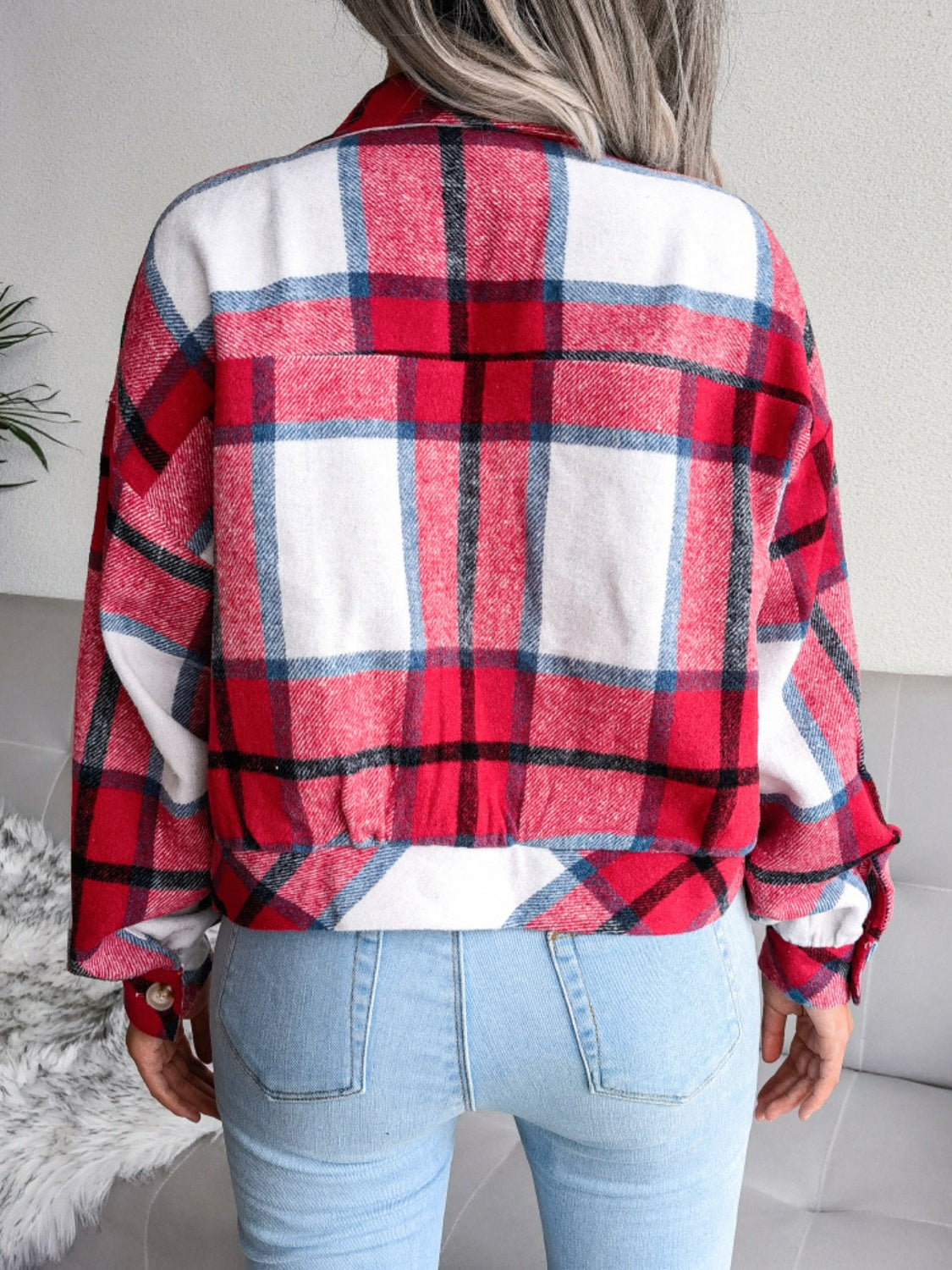 Plaid collared neck long sleeve jacket