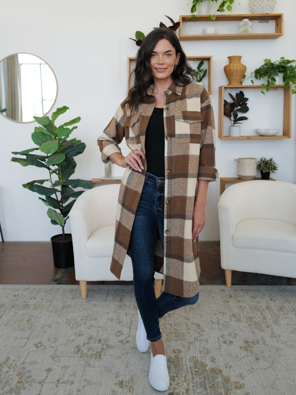 Fam-fam plaid collared neck long sleeve longline jacket - caramel / s