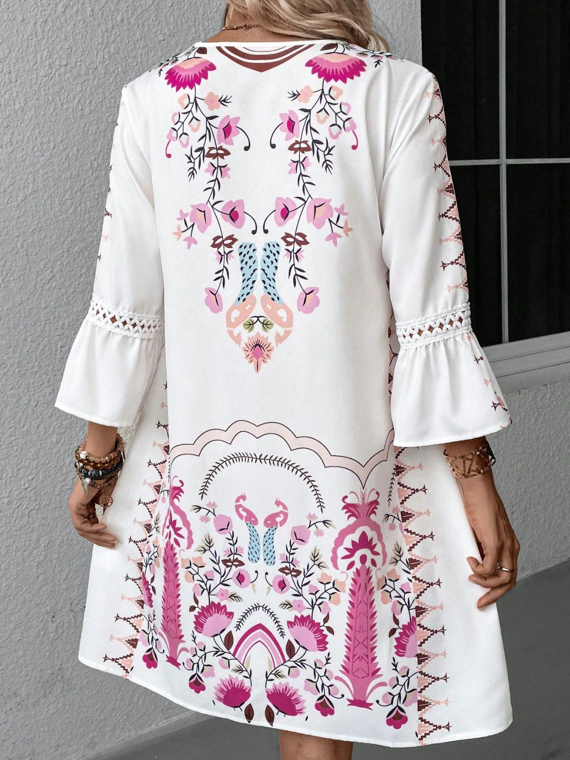 Lace detail printed three-quarter sleeve dress