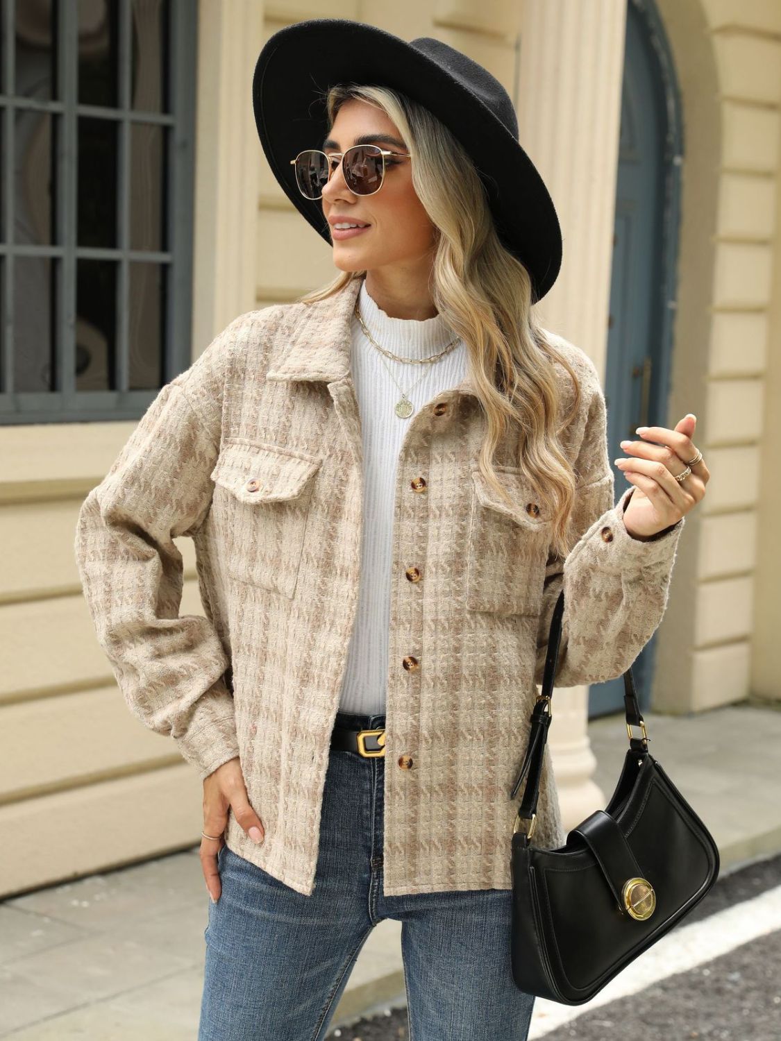 Plaid collared neck long sleeve jacket