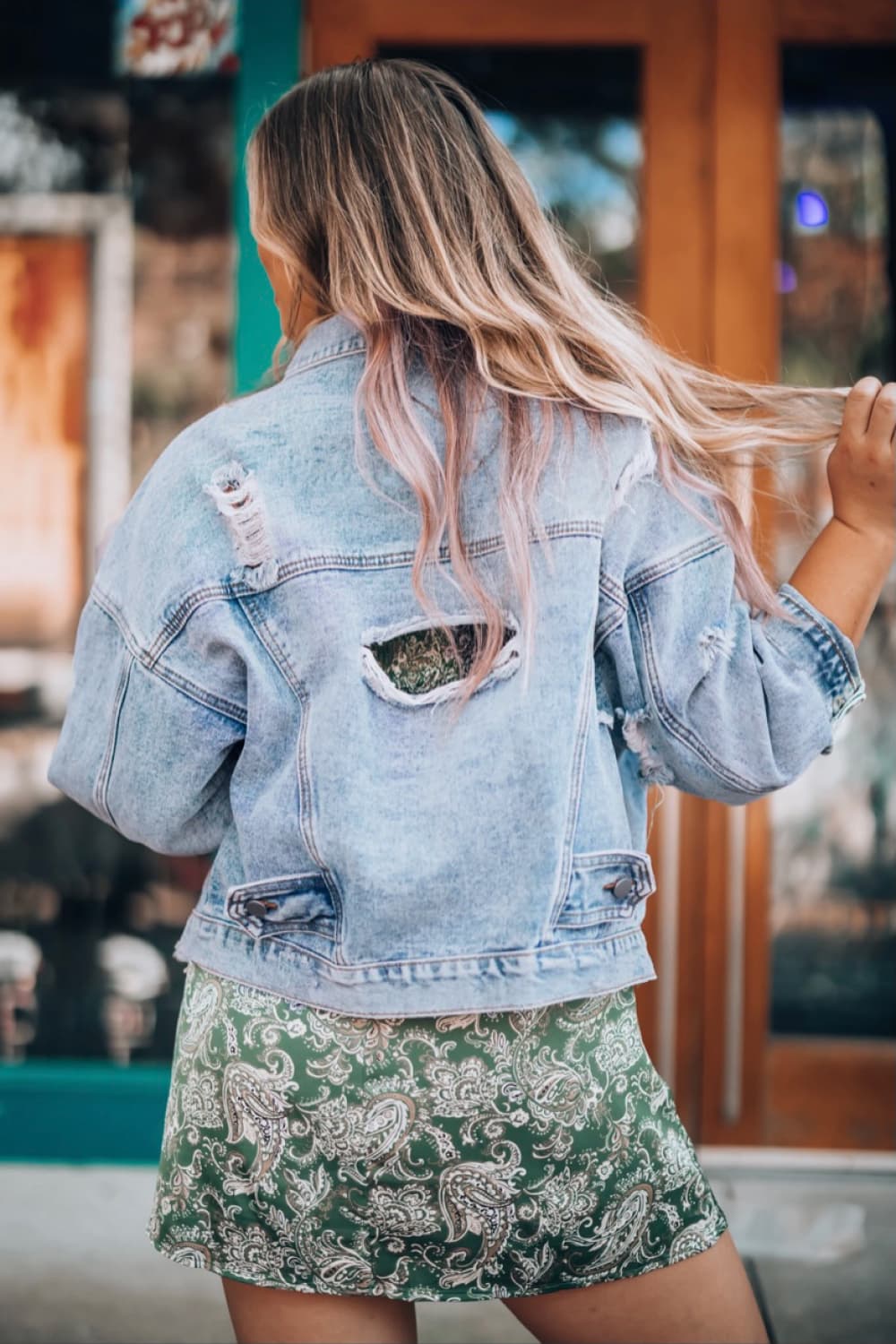 Distressed drop shoulder denim jacket