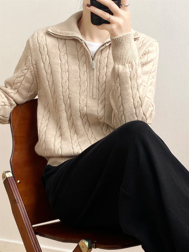 Cable-knit half zip long sleeve sweater - beige / one size