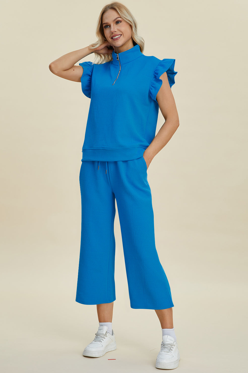 Double take full size texture ruffle short sleeve top and wide leg pants set