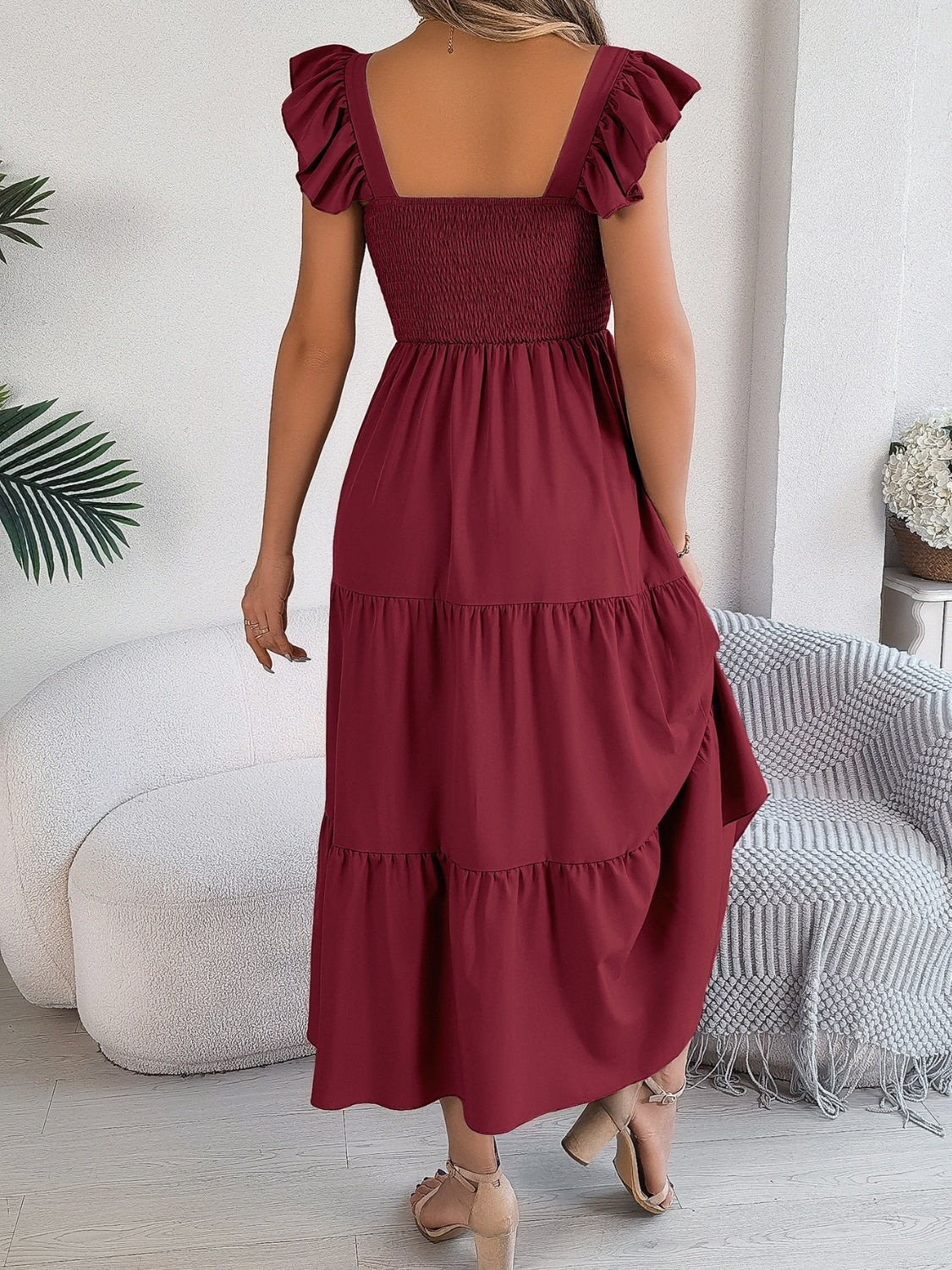 Smocked square neck cap sleeve midi dress