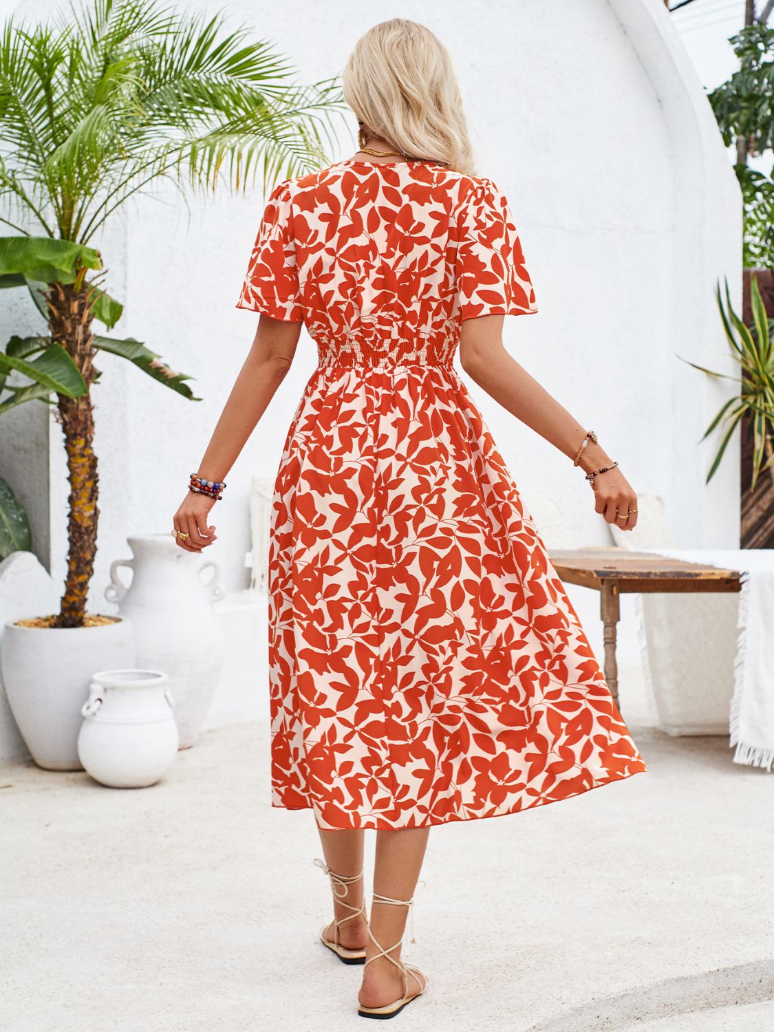 Printed surplice short sleeve midi dress