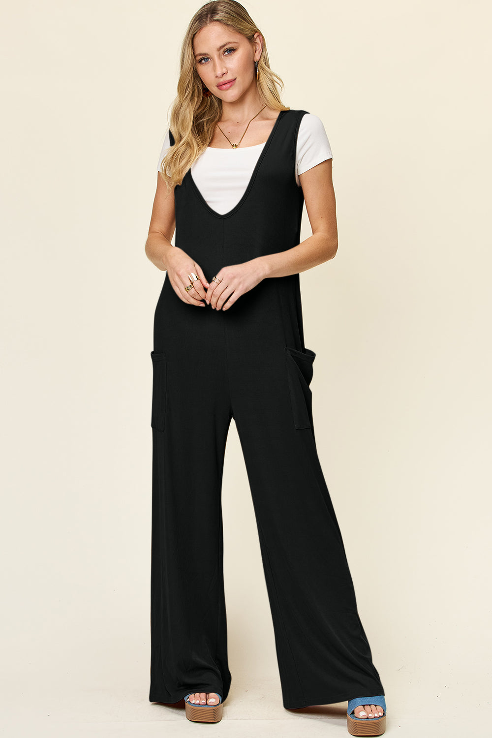 Double take full size sleeveless wide leg jumpsuit with pockets - black / s