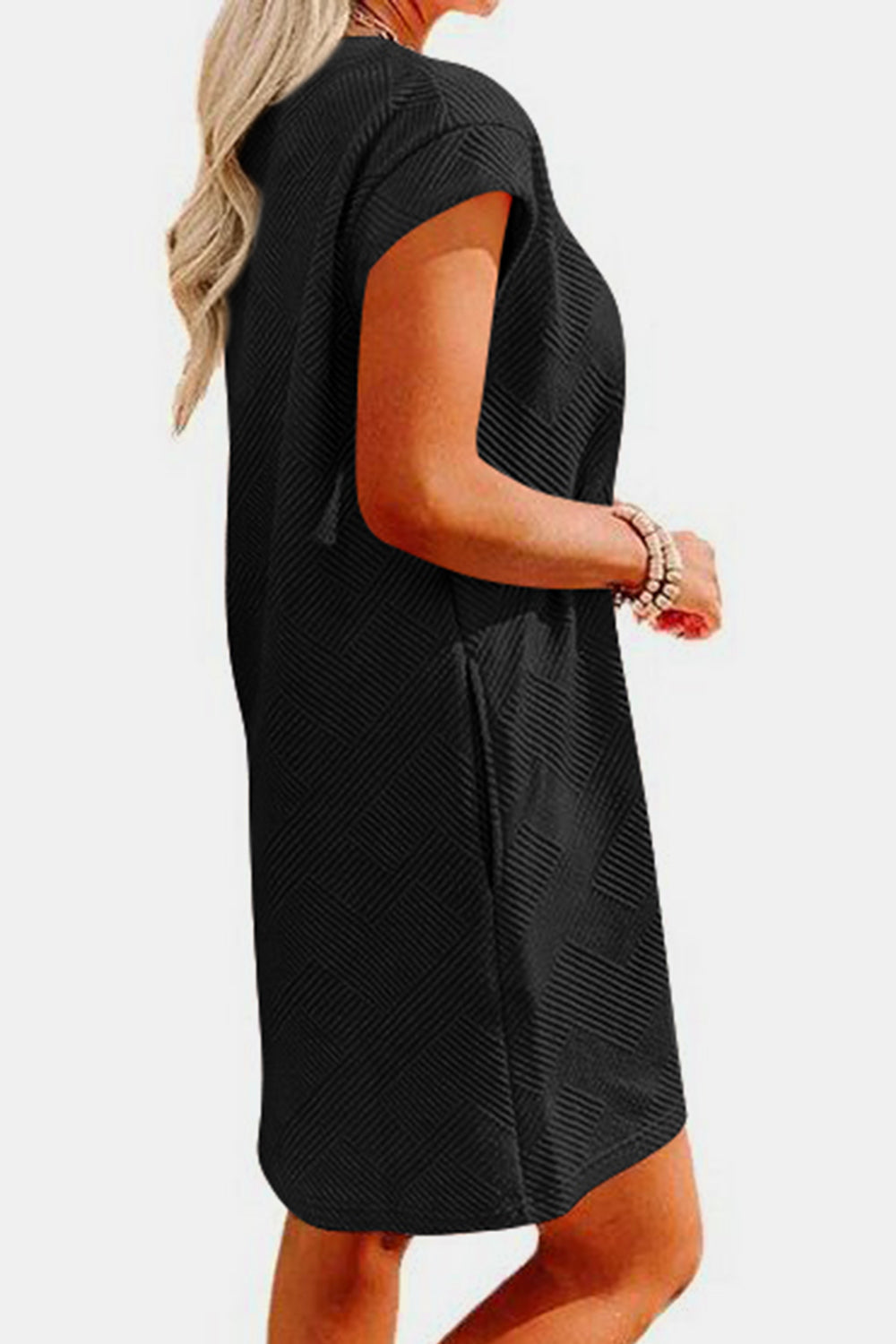 Textured round neck cap sleeve dress