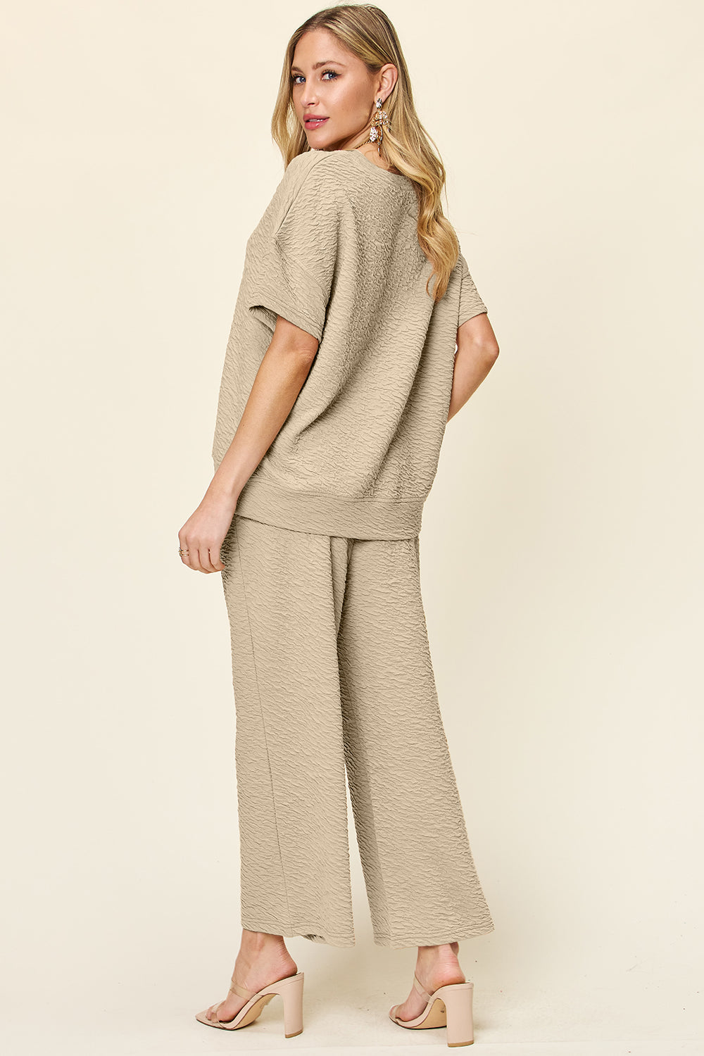 Double take full size texture short sleeve top and pants set