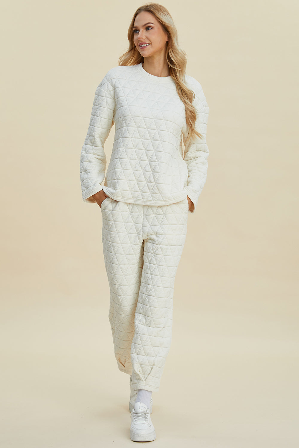 Double take full size texture round neck long sleeve top and pants set