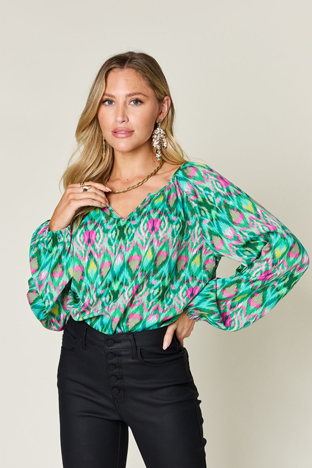 Double take full size printed balloon sleeve blouse - green / s