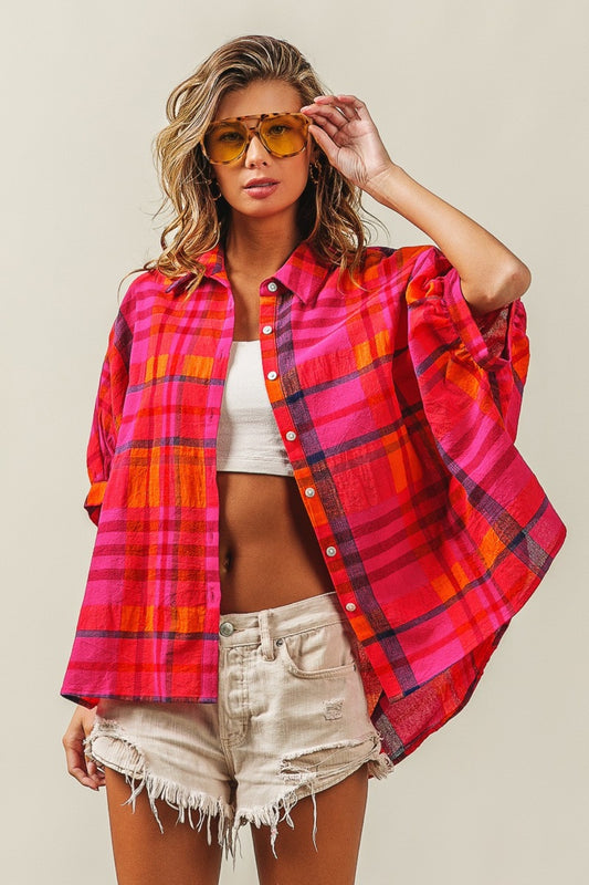 Bibi button up dolman sleeve plaid shirt - fuchsia multi / s