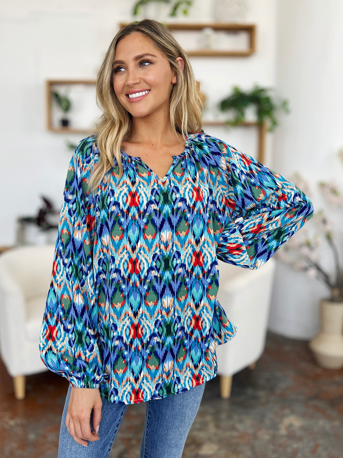 Double take full size printed balloon sleeve blouse