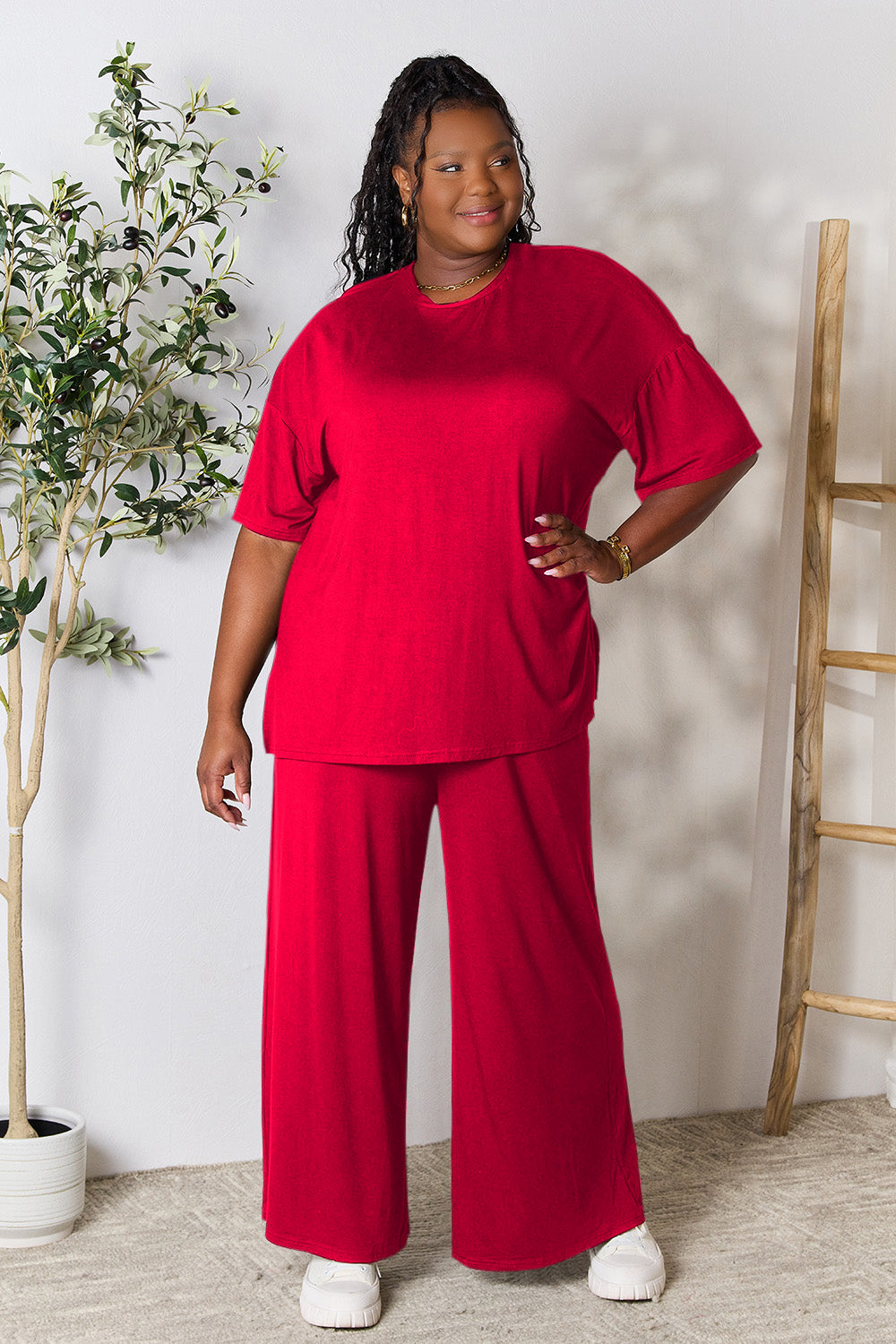 Double take full size round neck slit top and pants set - red / s