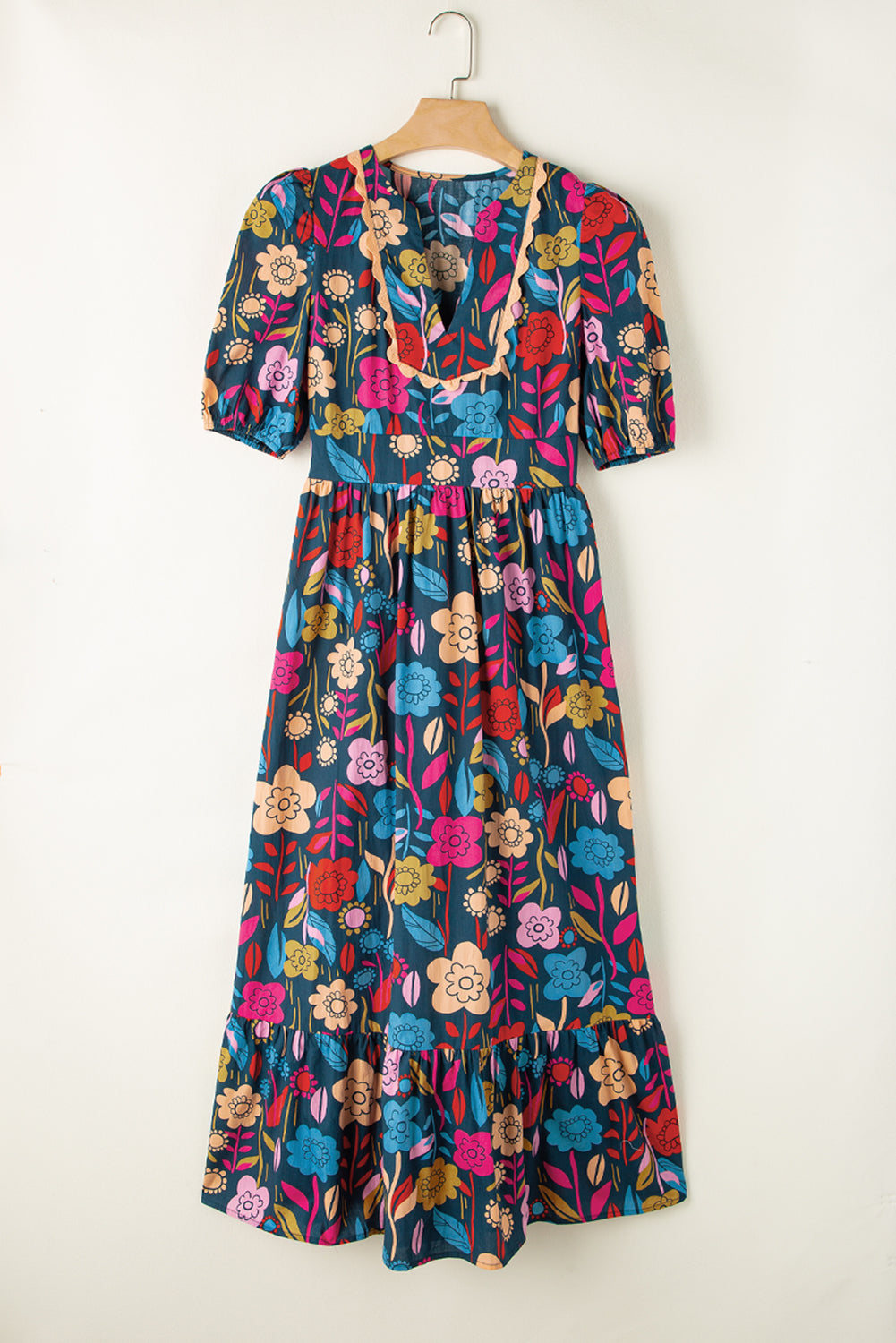 Printed notched puff sleeve midi dress