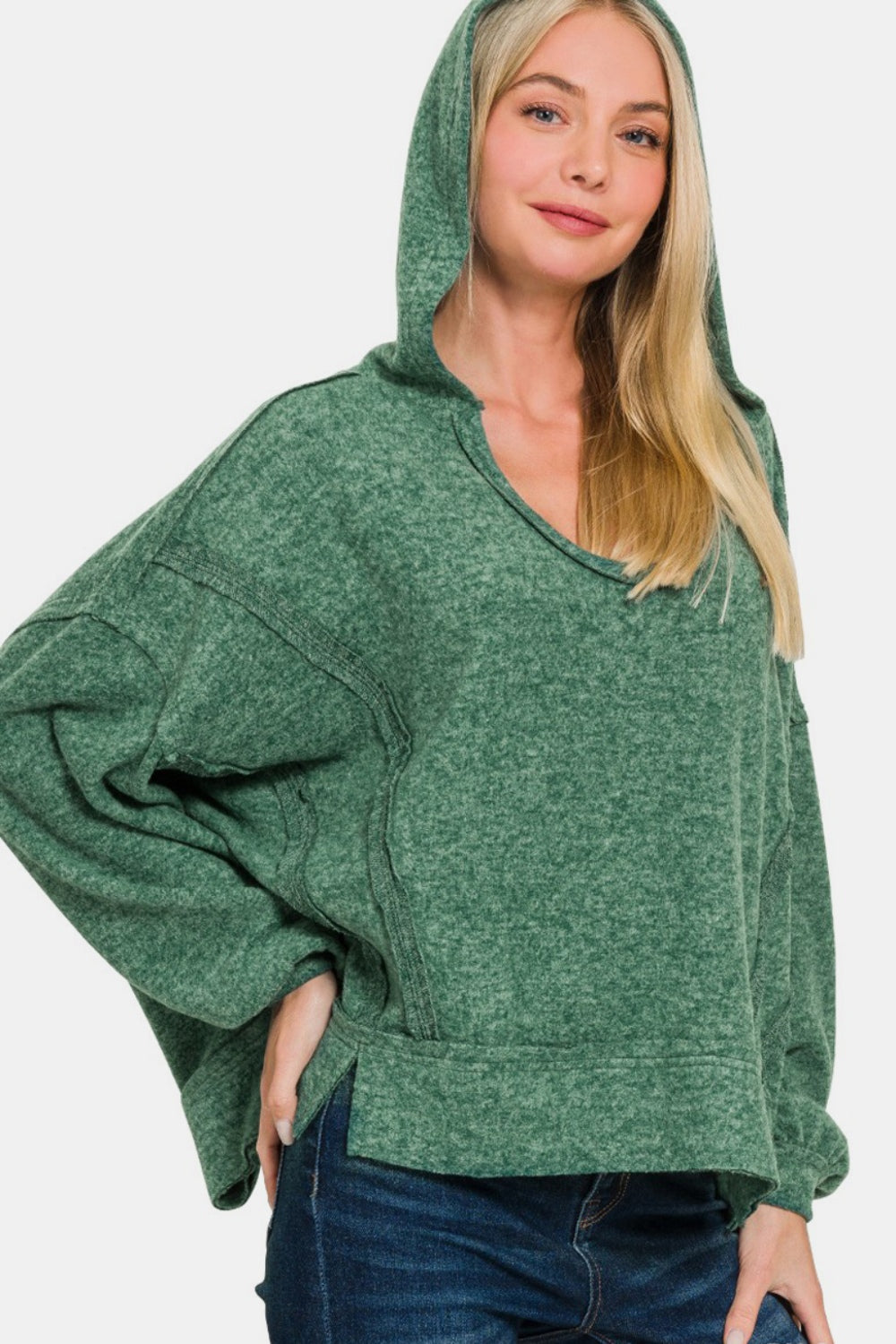 Zenana brushed hacci exposed seam hoodie - dk green / s/m